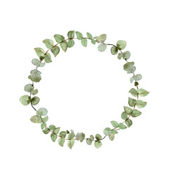 Watercolor eucalyptus wreath, garland. Wedding eucalyptus design frame, circle logo. Rustic greenery. Mint, blue tones. Hand painted branch,  leaves isolated on white background, trendy branding