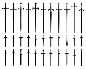 Black silhouettes of swords and sabers on a white background 