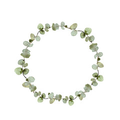 Watercolor eucalyptus border, wreath. Wedding eucalyptus design frame, circle logo. Rustic greenery. Mint, blue tones. Hand painted branch,  leaves isolated on white background, trendy branding
