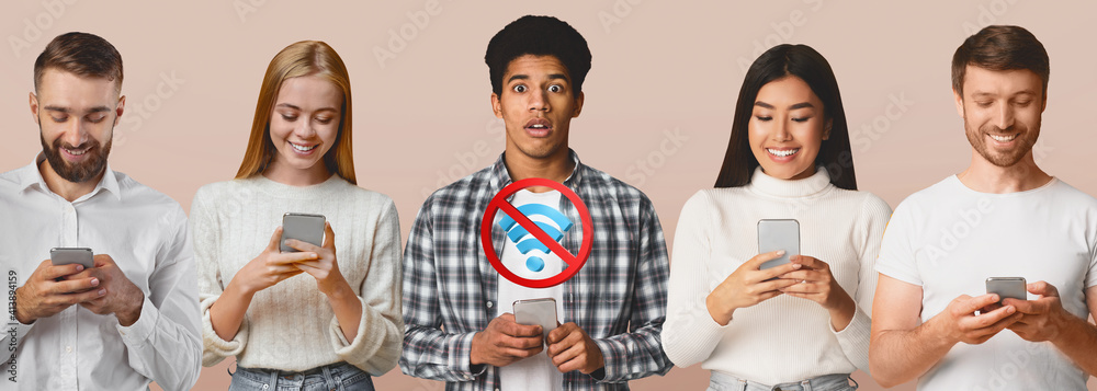 Aufkleber frustrated black man having problems with internet connection among multiracial people using mobile 