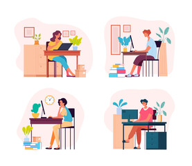 People characters man woman freelancers students working home. Vector flat graphic design illustration set