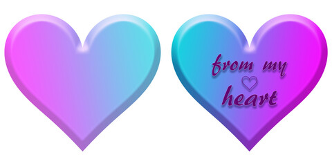 Valentine’s Day double-sided cards. Heart-shaped colourful greeting cards. 3d heart with a red textured background