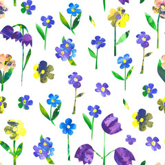 Watercolor floral paper collage seamless pattern on a white background. Bluebell, daisy, and other flowers on an endless backdrop.  Colorful hand-drawn craft paper field flowers wallpaper.