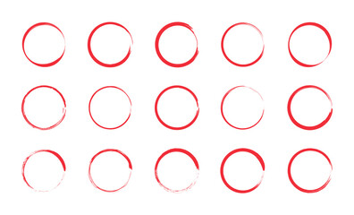 Red circle pen draw set. Collection of different red circles. Highlight hand drawn circle isolated on white background. Hand drawn for marker pen, pencil, logo and text check. Vector illustration.
