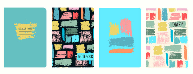 Set of cover page vector templates with multicolored paint stripes, brushstroke effect. Based on seamless patterns. Headers isolated and replaceable. Perfect for school notebooks, diaries