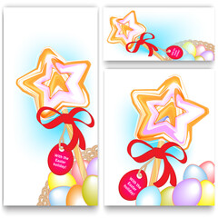 The religious holiday of Easter.A set of postcards and banners for the holiday. The label on the label. Happy Easter. The eggs are in the basket. Candy on a stick. Lollipop in the shape of a star.