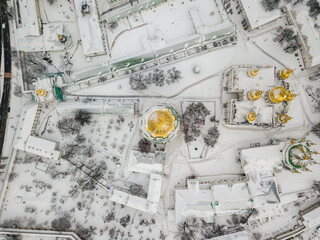 Kiev-Pechersk Lavra. Aerial drone view. Winter snowy morning.