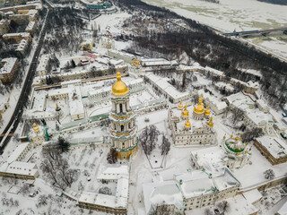 Kiev-Pechersk Lavra. Aerial drone view. Winter snowy morning.