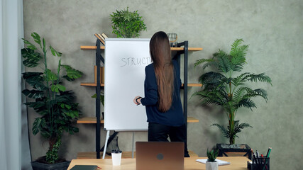 Distance beautiful smart business woman coach trainer teaches students employees company remote online webcam video conference call chat laptop computer writes on whiteboard in home office