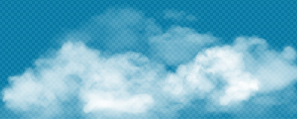 Realistic white cumulus clouds on transparent background. Vector illustration of 3d smoke or fog. Natural mist design element for banner, poster, web, weather forecast - obrazy, fototapety, plakaty