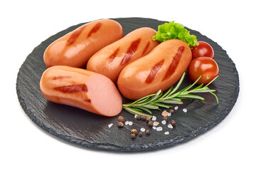 Grilled pork sausages, isolated on white background