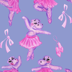 seamless pattern hippos dancing ballet