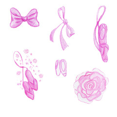 hand drawn set of bows, pointe shoes and rose