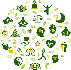 natural mindfulness / meditation / relaxation vector illustration. Green concept on mindful living, awareness, stress-relief, healthy mental state, balance with nature, yoga, peaceful spirituality.