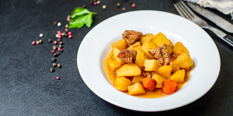potatoe stewed goulash and meat roast second course vegetables portion on the table healthy meal snack outdoor top view copy space for text food background rustic image