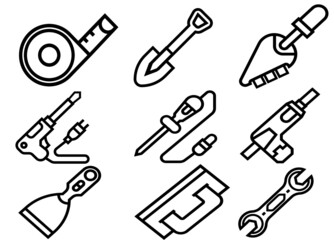 Construction tools flat line icons set. Hammer, screwdriver, saw, spanner, paintbrush vector illustrations. Outline signs for carpenter, builder equipment store. Pixel perfect. Editable Strokes.
