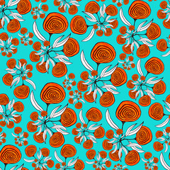 Seamless pattern with hand-drawn flowers of orange color on a turquoise background. Borderless background for printing on paper or fabric. - 413899109