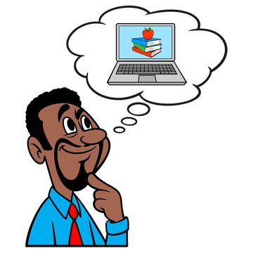 Man thinking about Online School - A cartoon illustration of a man thinking about Online School.