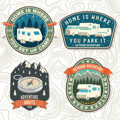 Set of Summer camp patches. Vector Concept for shirt or logo, print, stamp, patch or tee. Vintage typography design with rv trailer, camping tent, forest, mountain silhouette