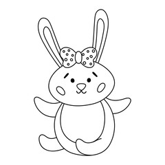 Vector black and white Easter bunny icon. Outline sitting rabbit with hear bow. Cute adorable animal illustration for kids. Funny spring hare picture or coloring page..