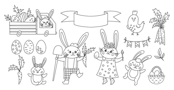 Vector black and white Easter bunny family set or coloring page. Outline rabbit mother, father, daughter and son with spring elements. Cute animal icons pack for kids. Funny truck with eggs..