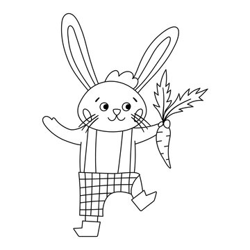 Vector black and white Easter bunny icon. Outline rabbit boy with spade and carrot isolated on white background. Cute animal gardener illustration for kids. Spring hare picture or coloring page..
