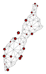 Polygonal mesh lockdown map of Masirah Island. Abstract mesh lines and locks form map of Masirah Island. Vector wire frame 2D polygonal line network in black color with red locks.