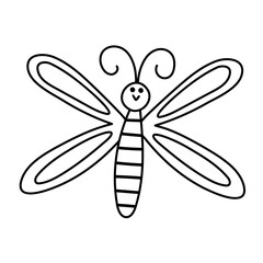 Vector black and white dragonfly icon. Outline funny woodland, forest or garden insect coloring page. Cute bug illustration for kids isolated on white background.