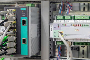 Automatic control systems close-up. Components and Controls for Process Control and Industrial Automation Solutions Fiber Optic Networking Equipment.