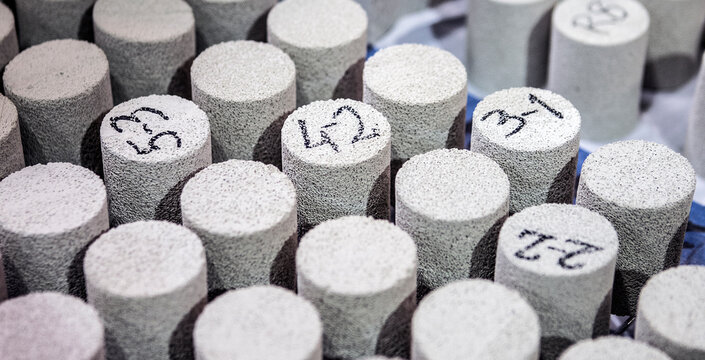High angle view of foam corks arranged on table in factory