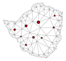 Polygonal mesh lockdown map of Zimbabwe. Abstract mesh lines and locks form map of Zimbabwe. Vector wire frame 2D polygonal line network in black color with red locks.