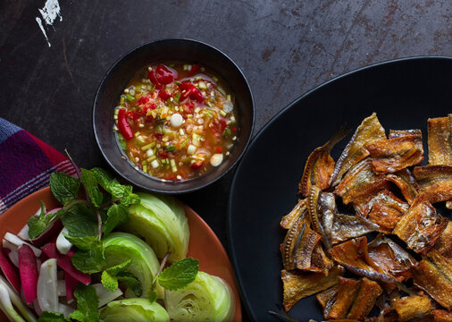 Overhead view of food in bowls on table