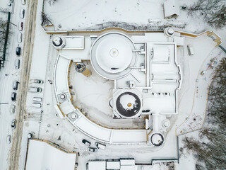 Snow-covered mosque. Aerial drone view. Winter snowy morning.