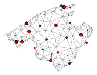 Polygonal mesh lockdown map of Majorca. Abstract mesh lines and locks form map of Majorca. Vector wire frame 2D polygonal line network in black color with red locks.