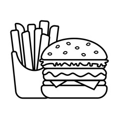 Burger and French fries in box, icon is black and white, isolated on white background. Simple fast food symbol. Hamburger, cheeseburger, fried French fries. Vector illustration