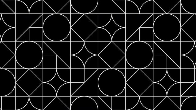 Black geometric shapes with white borders in retro pattern. Simple motion graphic loop animation in flat retro style