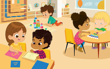 Montessori School Class. Vector illustrations of children in the playroom, boys and girls involved in Montessori activities and make Fun. Montessori environment concept. Vector illustration for poster