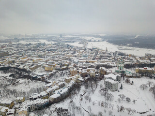 Snowy Kiev. Aerial drone view. Winter snowy morning.