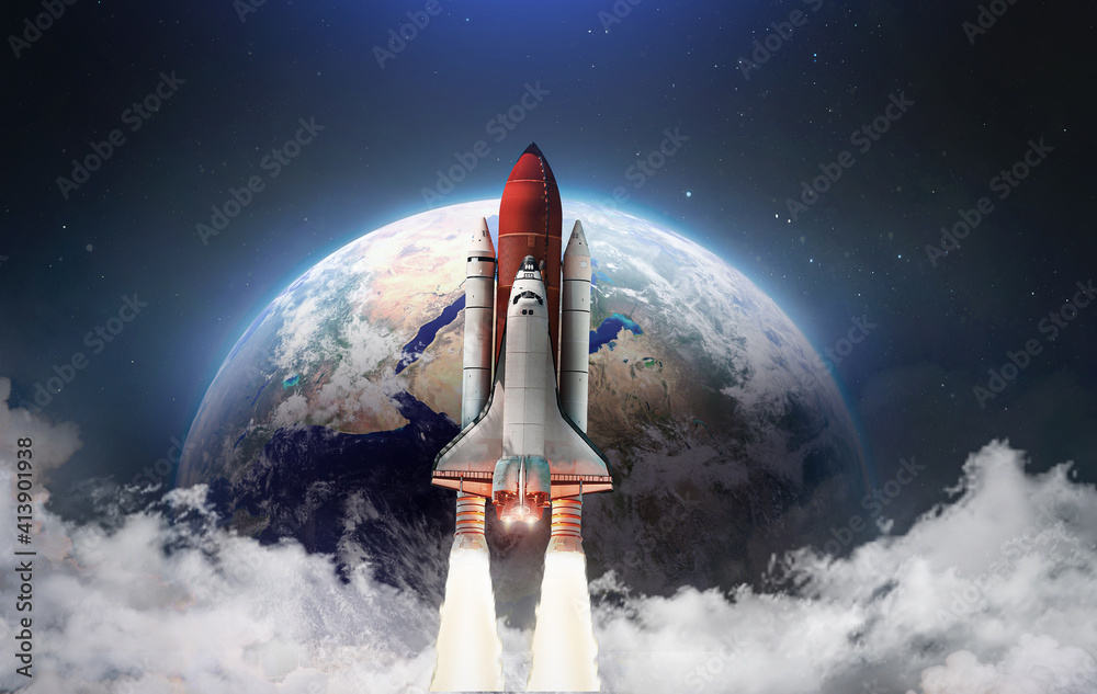 Aufkleber Spaceship in the outer space on orbit of Earth planet. Space shuttle in sky with clouds. Continents and oceans. Elements of this image furnished by NASA