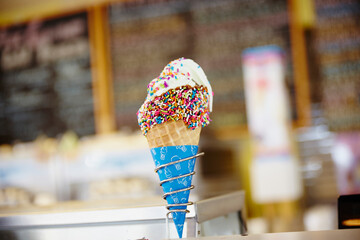 Close-up of colorful sprinkles on ice cream for sale at store