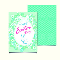Happy Easter postcard with white rabbit in flowers