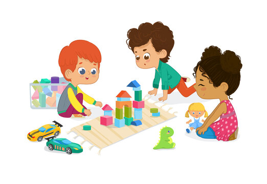 Children sit in circle and play with toys in the kindergarten classroom, play with wooden toy blocks, cars, doll and laugh. Learning through entertainment concept. Vector illustration for flyer