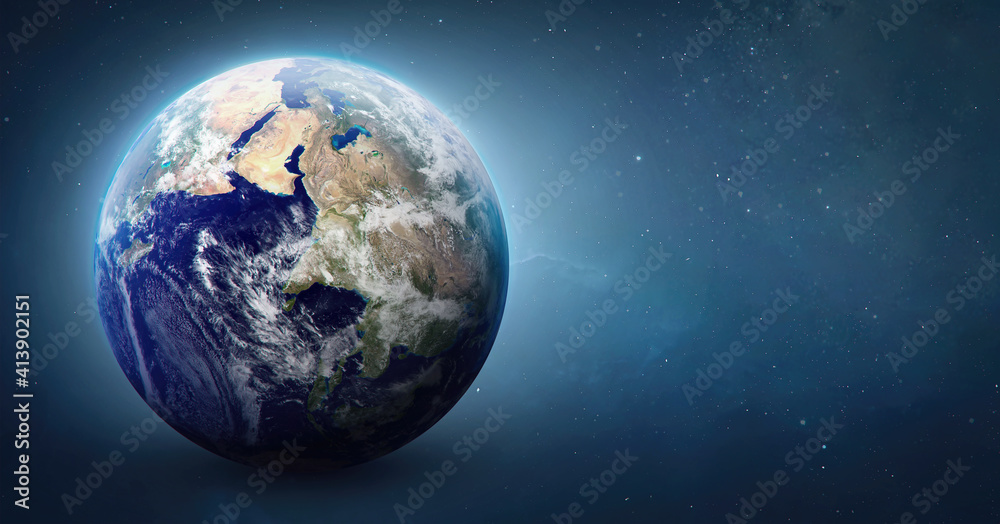Wall mural sphere of earth planet in outer space. blue ocean and continents. solar system element. elements of 