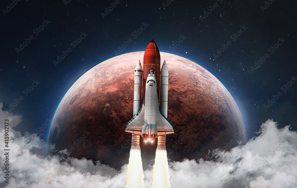 Aufkleber Spaceship in the outer space on orbit of Mars planet. Space shuttle in sky with clouds. Exploration of Red planet. Elements of this image furnished by NASA