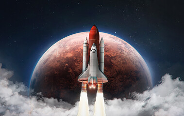 Spaceship in the outer space on orbit of Mars planet. Space shuttle in sky with clouds. Exploration...