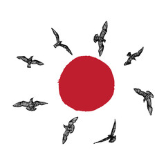 Set of birds flock, flying seagulls at the sun set or sun rise, hand drawn textured sketch of sea marine birds. Concept for sail or sailor lifestyle. Sunset background. Vector.