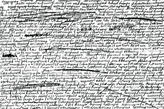 Grunge texture of unreadable illegible, sloppy handwriting, handwritten text. Illegible handwritten text with corrections in ink, strikethrough. Vector illustration. Overlay Template.