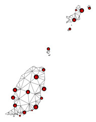 Polygonal mesh lockdown map of Grenada Islands. Abstract mesh lines and locks form map of Grenada Islands. Vector wire frame 2D polygonal line network in black color with red locks.