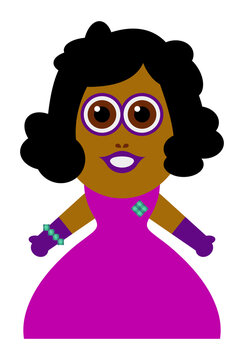 A black haired, cute African American woman in a violet dress, elegant gloves, a nice makeup, eye-catching jewelry like bracelet & brooch. She is ready for a ball or a party. Plain and like an avatar.