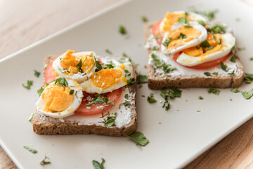bruschetta sandwich isolated on wooden plate